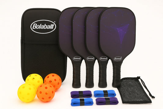 Bolaball Pickleball Paddles 4 Pcs Set with 4 Balls, 4 Grip Tapes, Carry Bag, Mesh Bag, Lightweight Fiberglass Racket with PP Honeycomb Core, Non-Slip Grip for Men Women