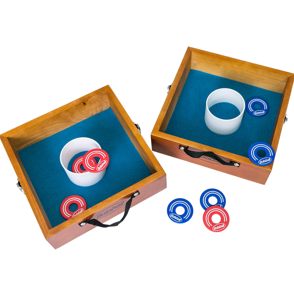Solid wood washer toss target with square frame and center scoring hole, natural wood outdoor lawn game design