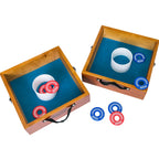Solid wood washer toss target with square frame and center scoring hole, natural wood outdoor lawn game design