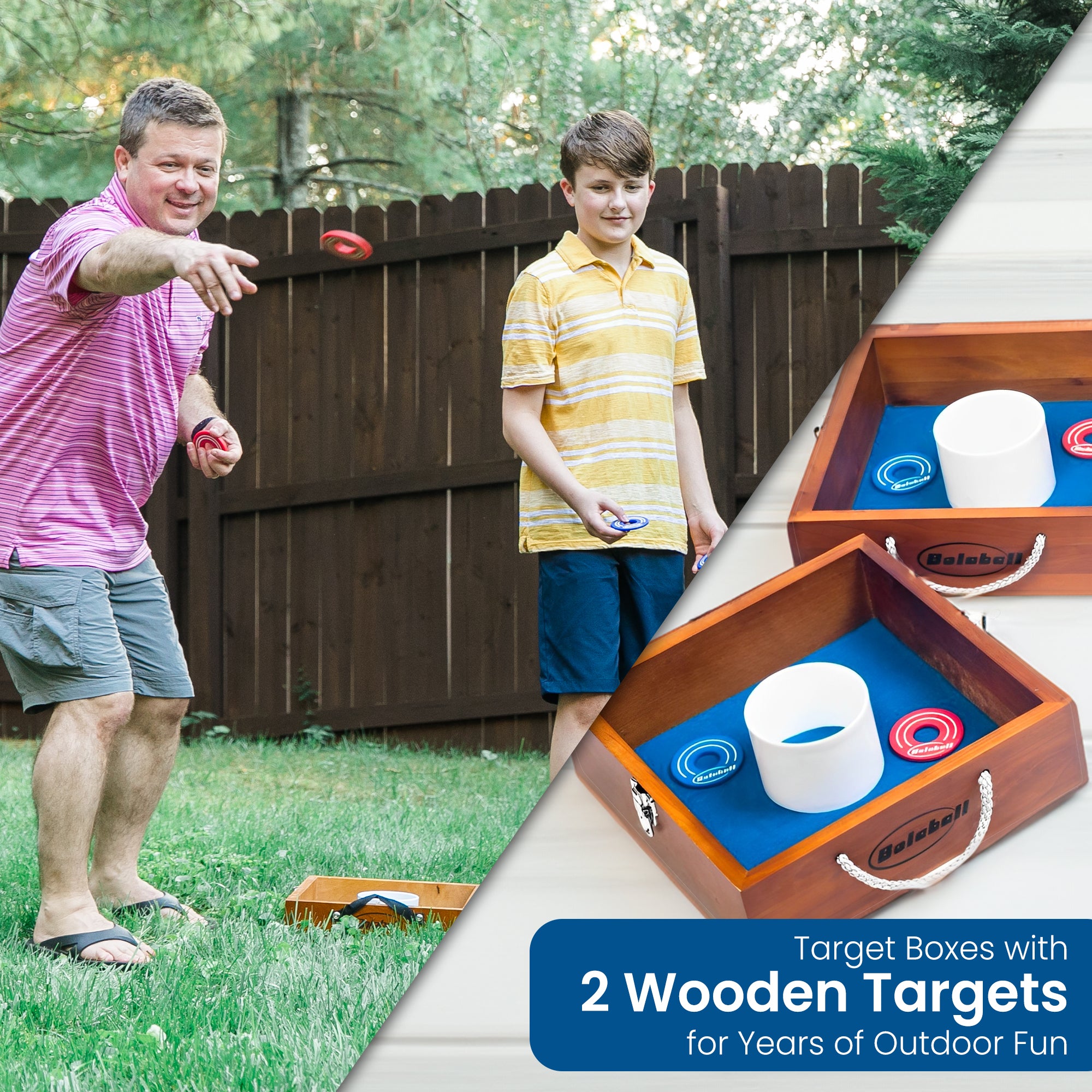 Complete washer toss lawn game set showing two wooden targets and metal washers arranged together