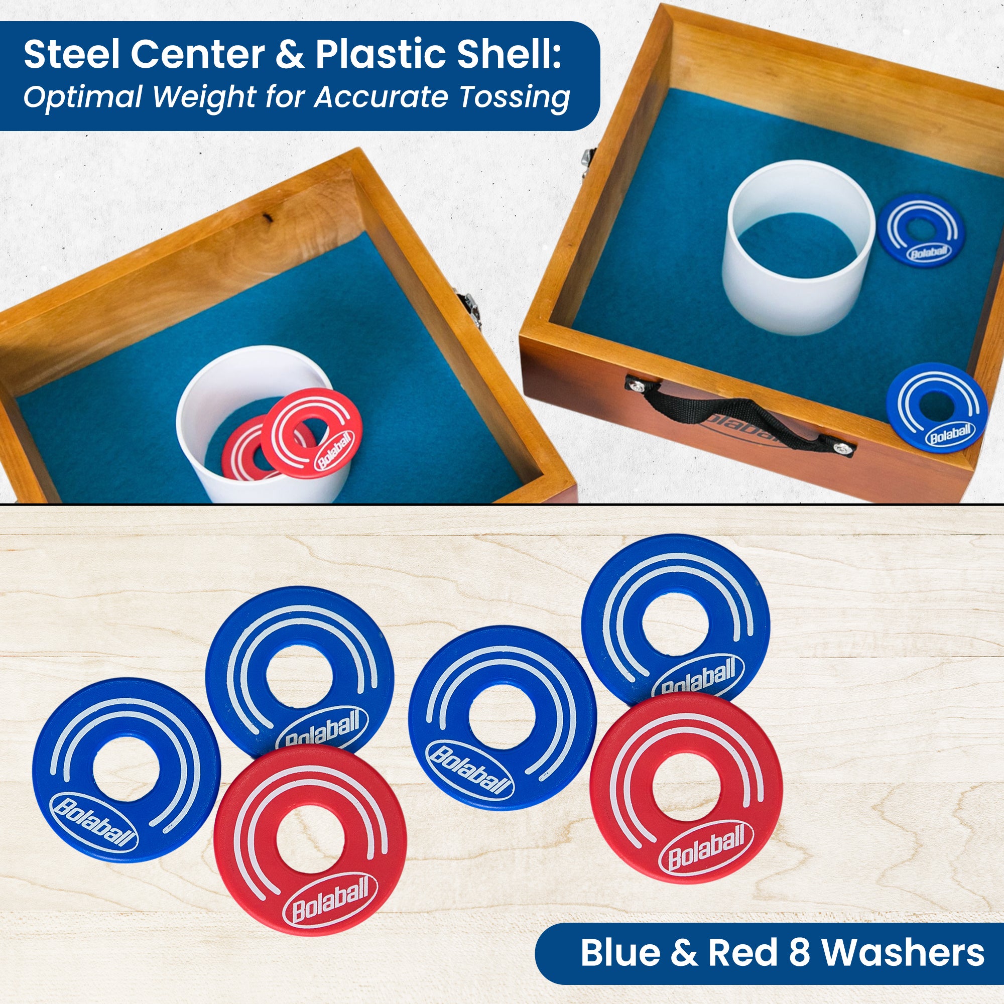 Bolaball Washer Toss Game Set - 2 Solid Wood Targets & 2.5" Washers - Outdoor Lawn Game for Family & Kids