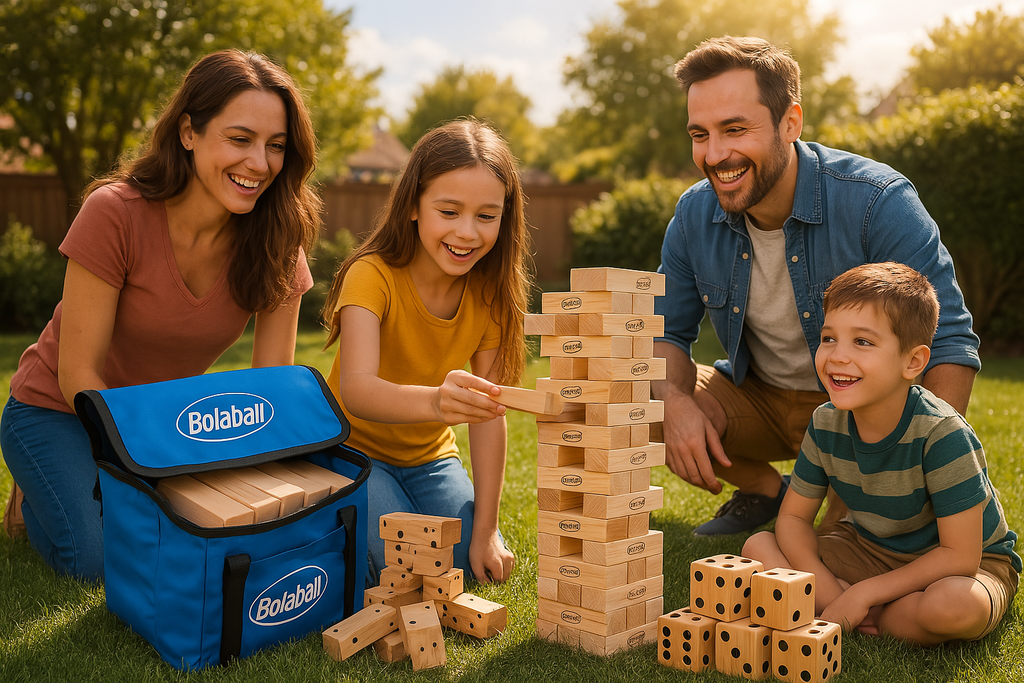Bolaball Giant Outdoor Game Set - 45 Tumbling Blocks, 28 Dominoes, 6 Dice, Wood, X-Large, Family Fun