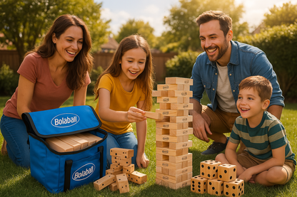 Bolaball 3 in 1 Game Set, 45 Pieces Large Tumbling Blocks, 28 Giant Dominoes and 6 Giant Dice, Indoor Outdoor Game Combo Set for Family and Friends with Carry Bag
