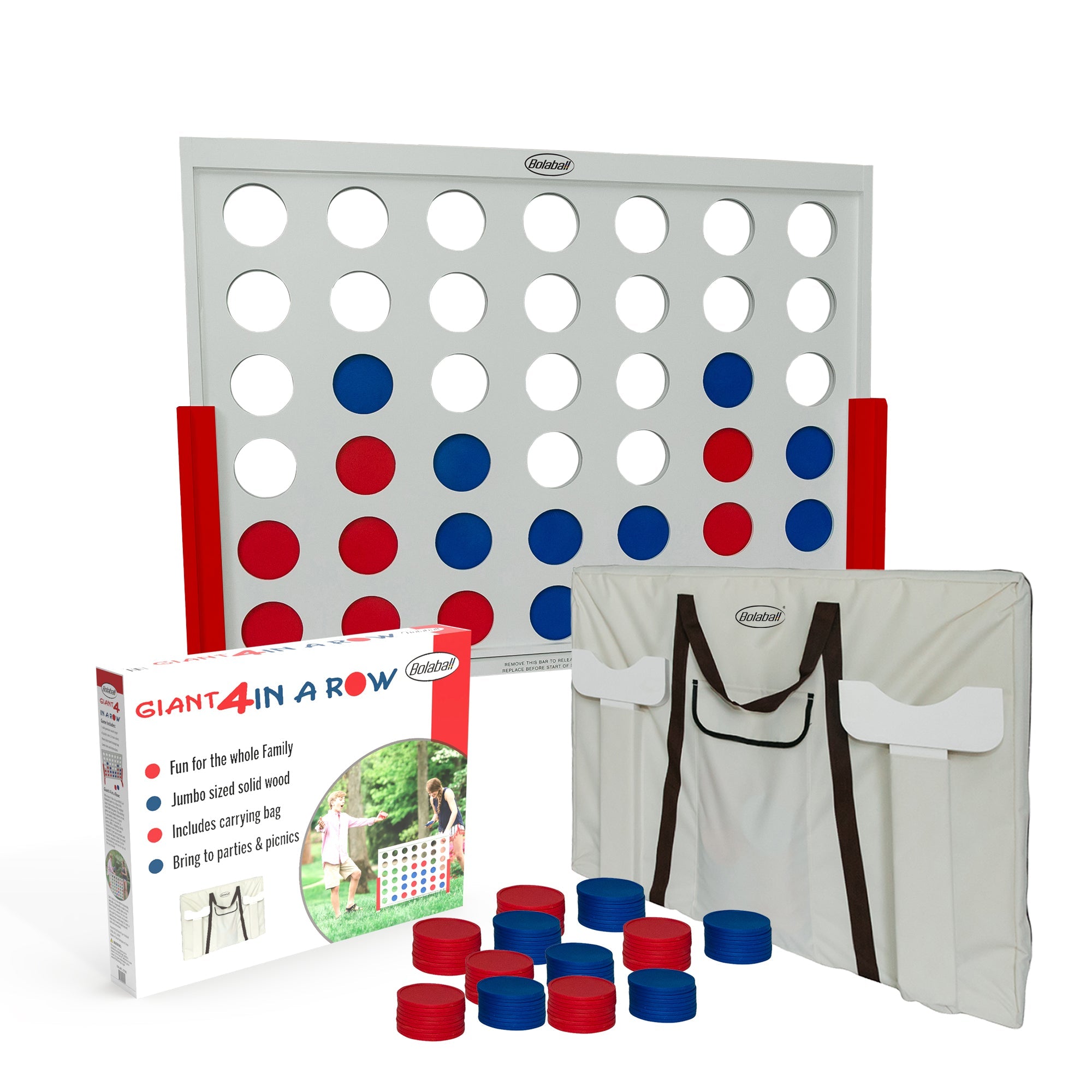 Bolaball 4 in a Row giant wooden game with white frame and oversized round discs, freestanding indoor and outdoor family game