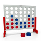 Bolaball giant 4 in a Row wooden game set up indoors, showing white frame and oversized discs for home play