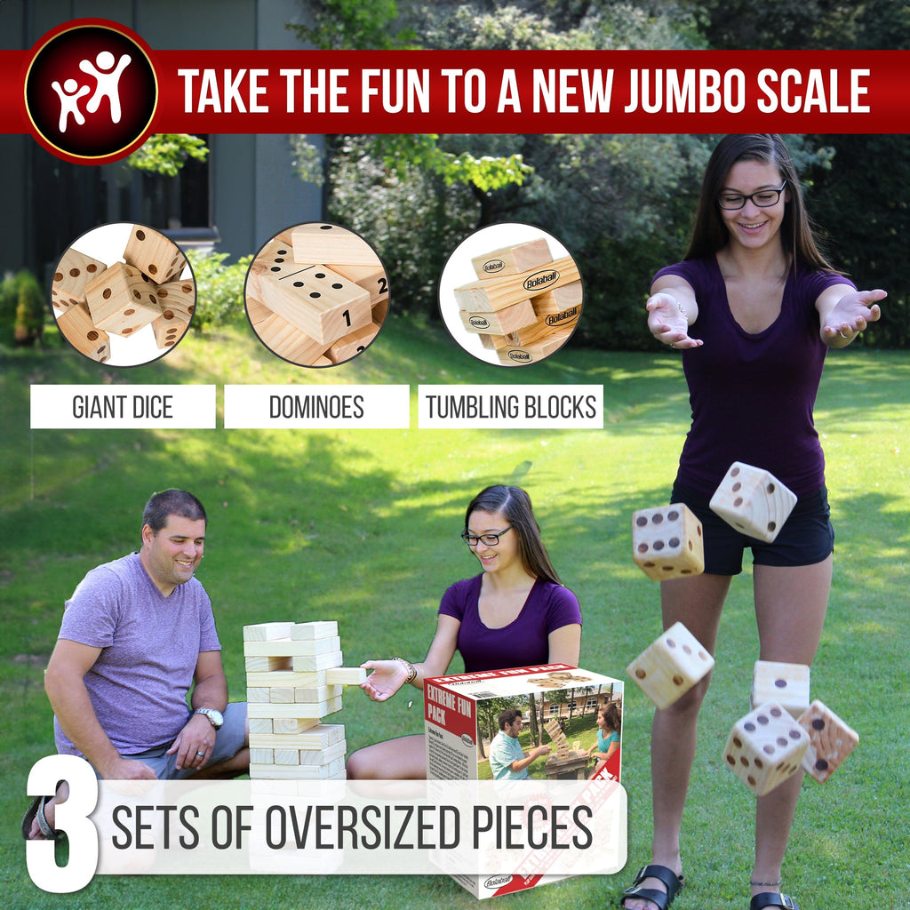 Bolaball Giant Outdoor Game Set - 45 Tumbling Blocks, 28 Dominoes, 6 Dice, Wood, X-Large, Family Fun