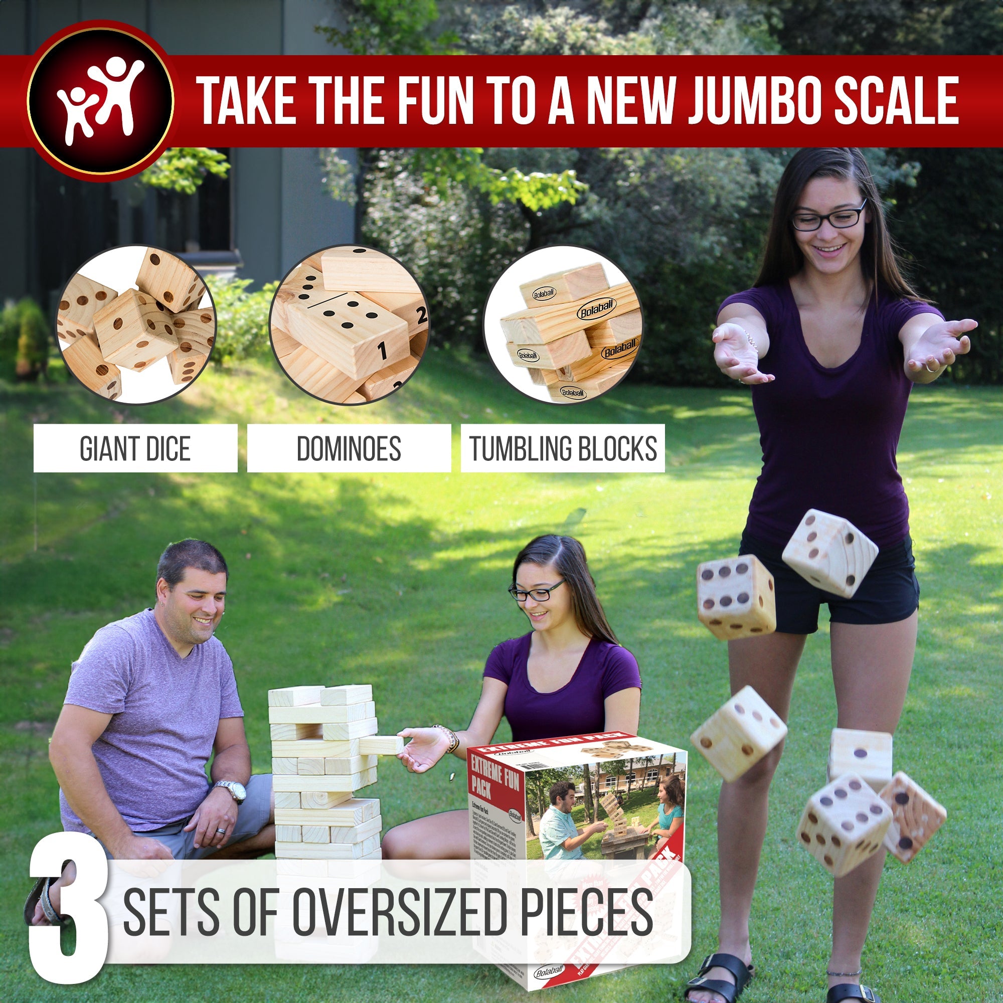 Bolaball Giant Outdoor Game Set - 45 Tumbling Blocks, 28 Dominoes, 6 Dice, Wood, X-Large, Family Fun