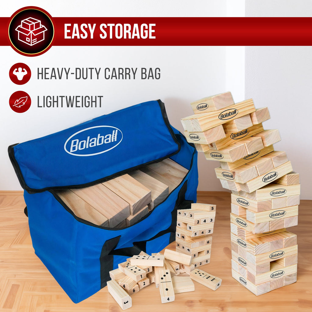 Wooden lawn game set with storage bag holding giant dice, dominoes, and tumbling blocks for easy storage and transport