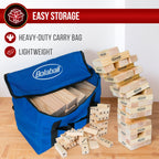Wooden lawn game set with storage bag holding giant dice, dominoes, and tumbling blocks for easy storage and transport