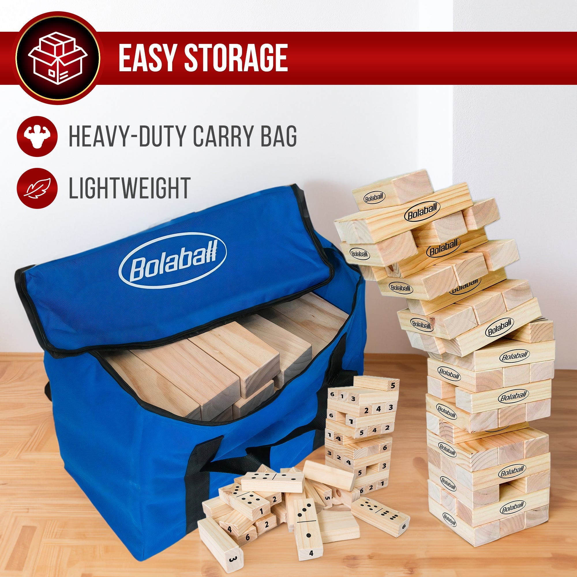 Wooden lawn game set with storage bag holding giant dice, dominoes, and tumbling blocks for easy storage and transport