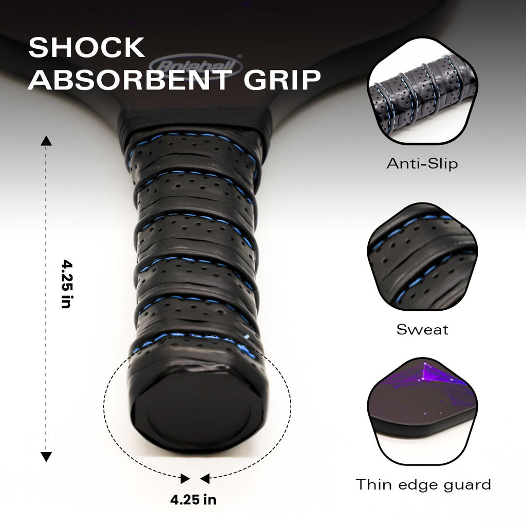 Pickleball accessories including grip tapes and balls arranged with carbon fiber paddles