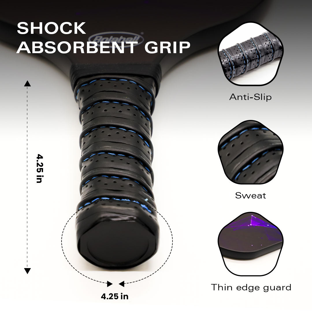 Pickleball accessories including grip tapes and balls arranged with carbon fiber paddles