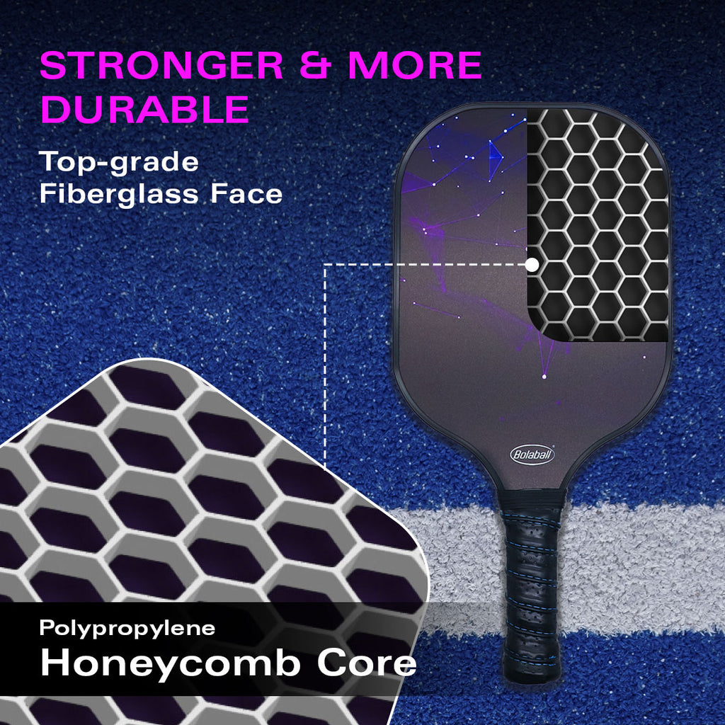 Close-up of pickleball paddle grip handle showing textured grip tape for comfort and control