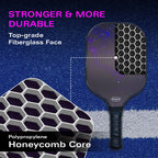 Close-up of pickleball paddle grip handle showing textured grip tape for comfort and control