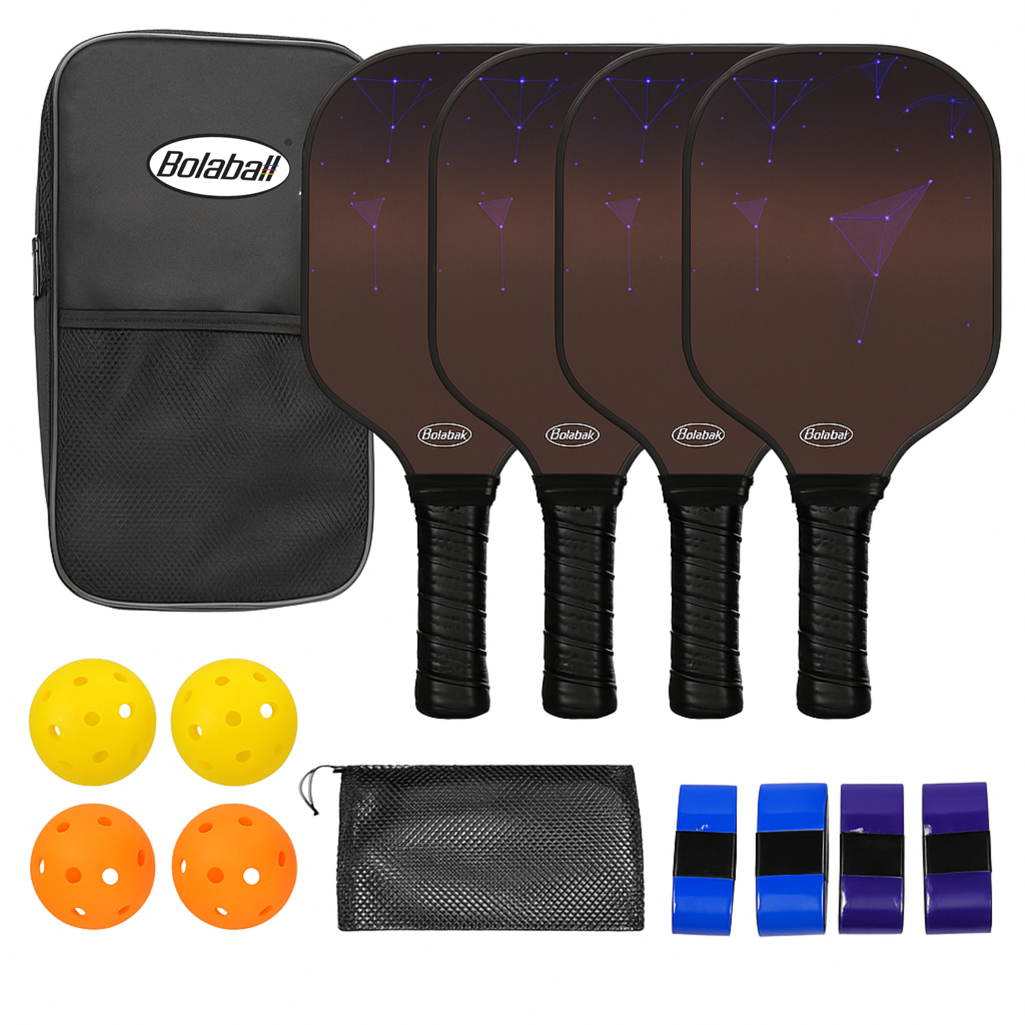 Bolaball pickleball paddles set of 4 with carbon fiber paddles, black design, pickleballs, grip tapes, and carry bag