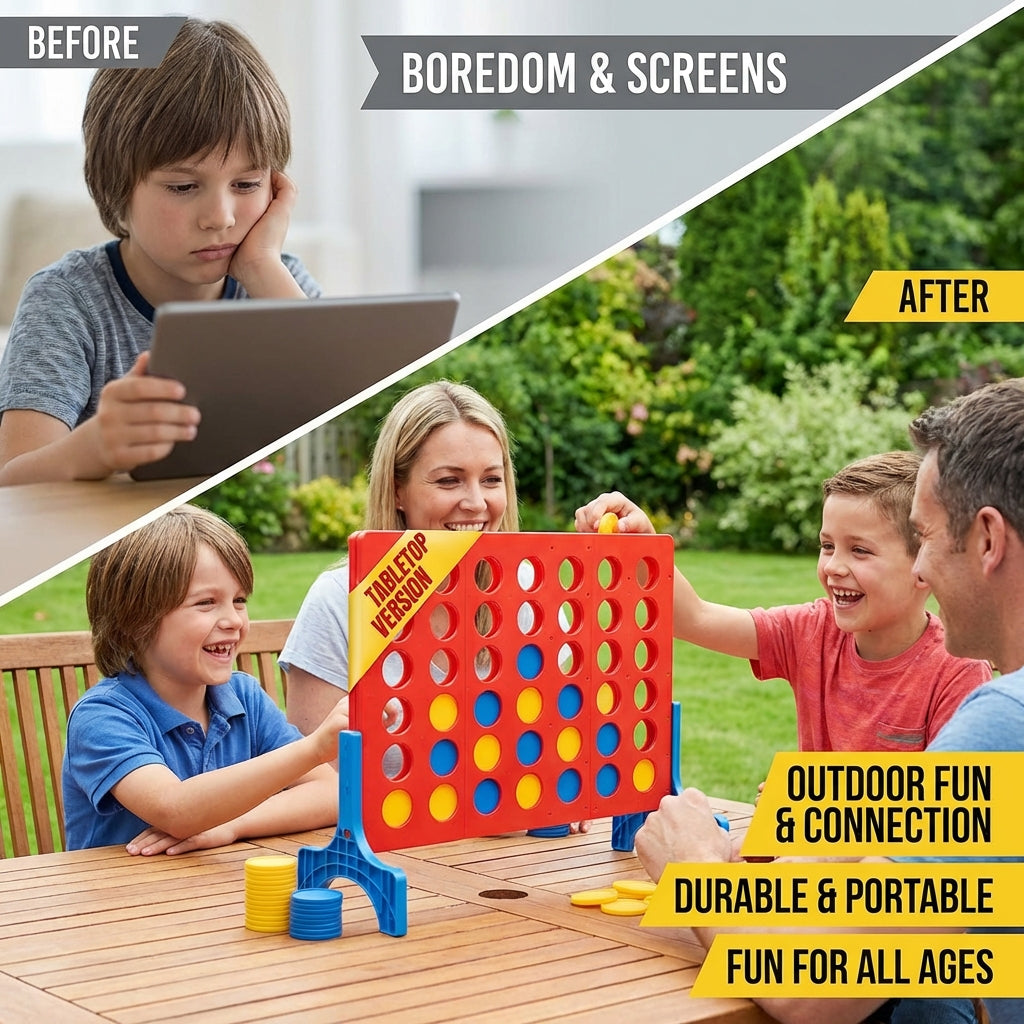 Child placing plastic disc into red 4 in a Row lawn game board, easy outdoor family game