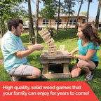 Giant wooden lawn games including dice, dominoes, and tumbling blocks set up outdoors, ideal for backyard, family gatherings, and party games